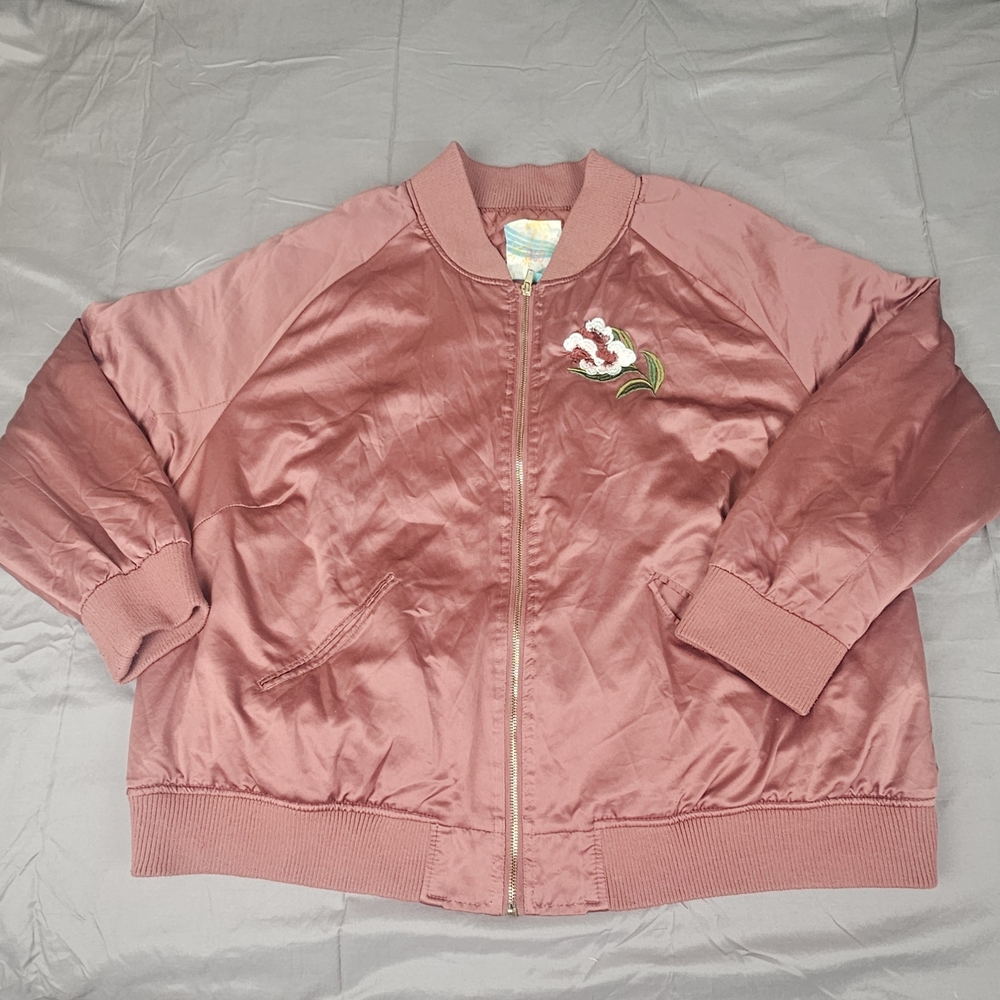 Cali 1850 Womens Satin Bomber Jacket Embroidered Front & Back Floral Dk Pink 3X